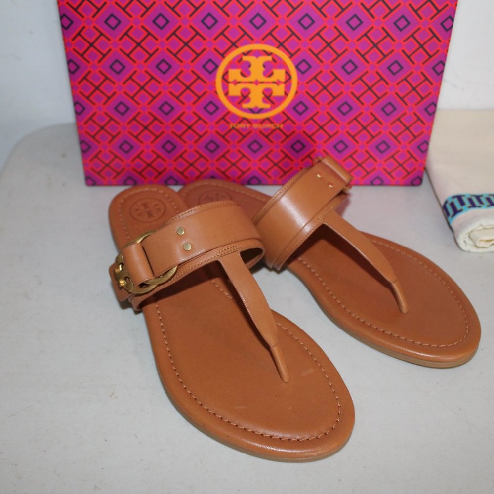 TORY BURCH MARSDEN FLAT THONG SANDALS TAN LEATHER - Picture 5 of 9